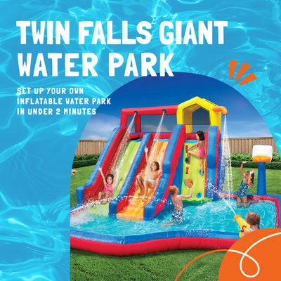 Banzai Twin Falls Kids Giant Outdoor Inflatable Dual Water Slide Splash Park Toy