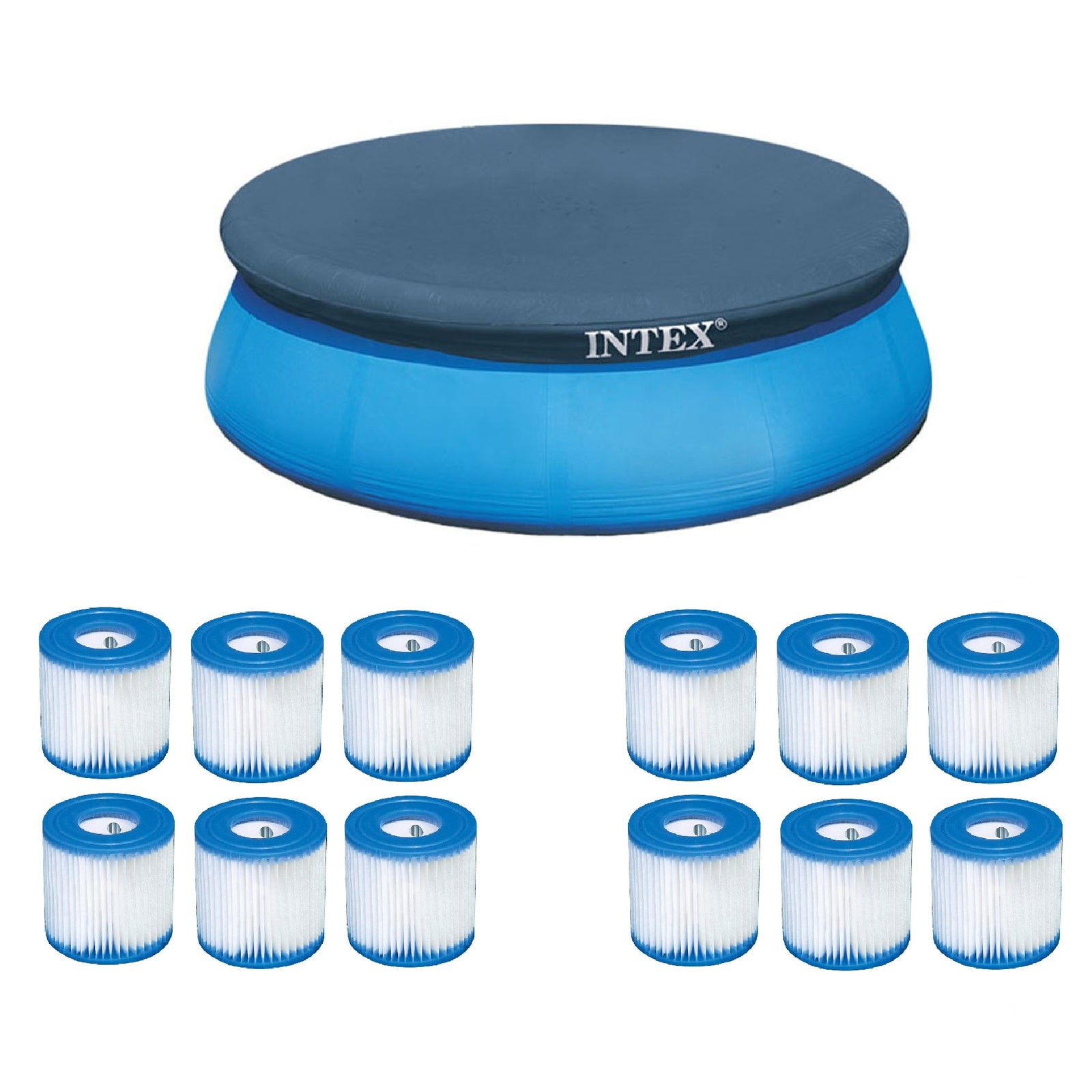Intex 8' Above Ground Pool Vinyl Cover Tarp & Type H Easy Set Filter (12 Pack) - VMInnovations