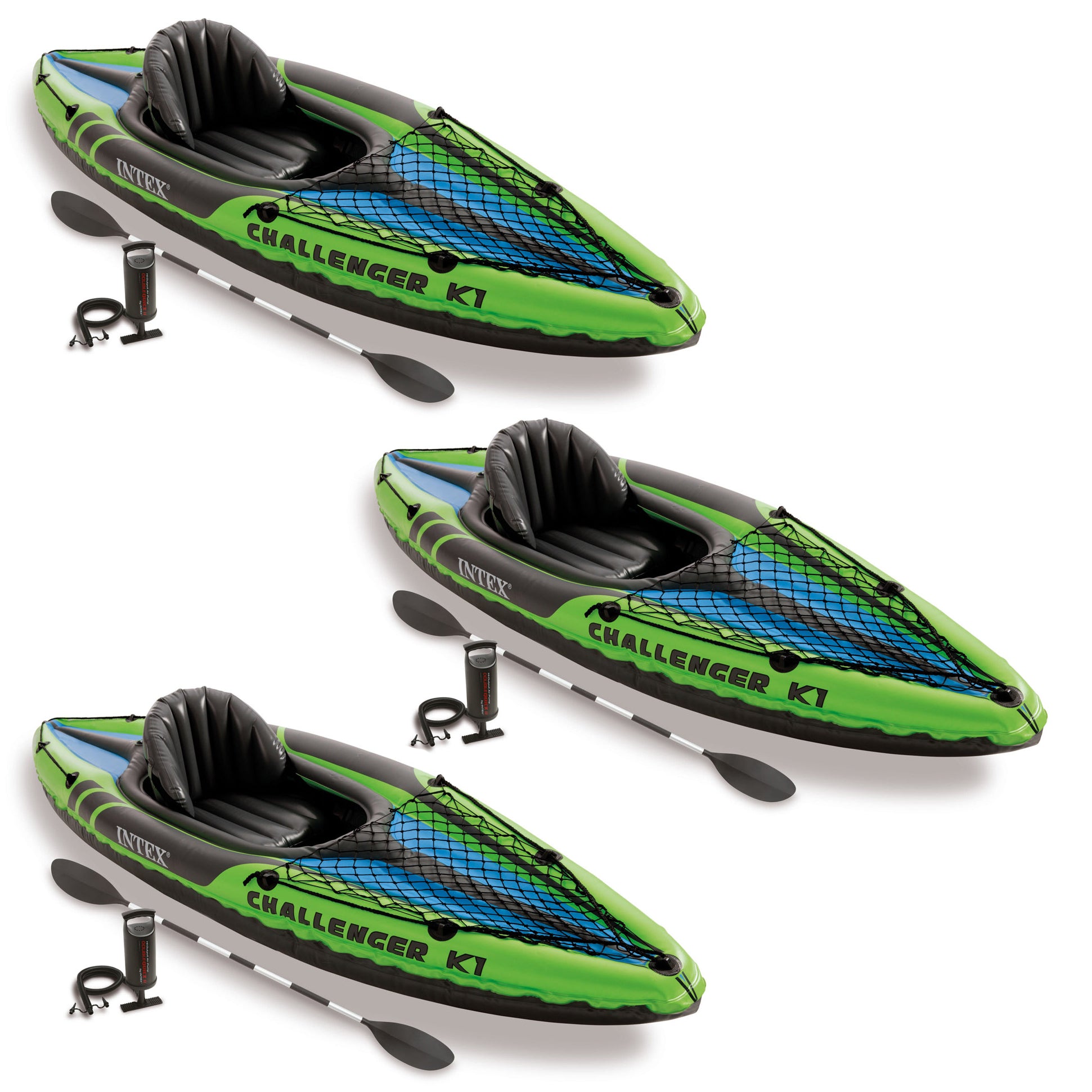 Intex Challenger K1 1-Person Inflatable Sporty Kayak w/ Oars And Pump (3 Pack) - VMInnovations