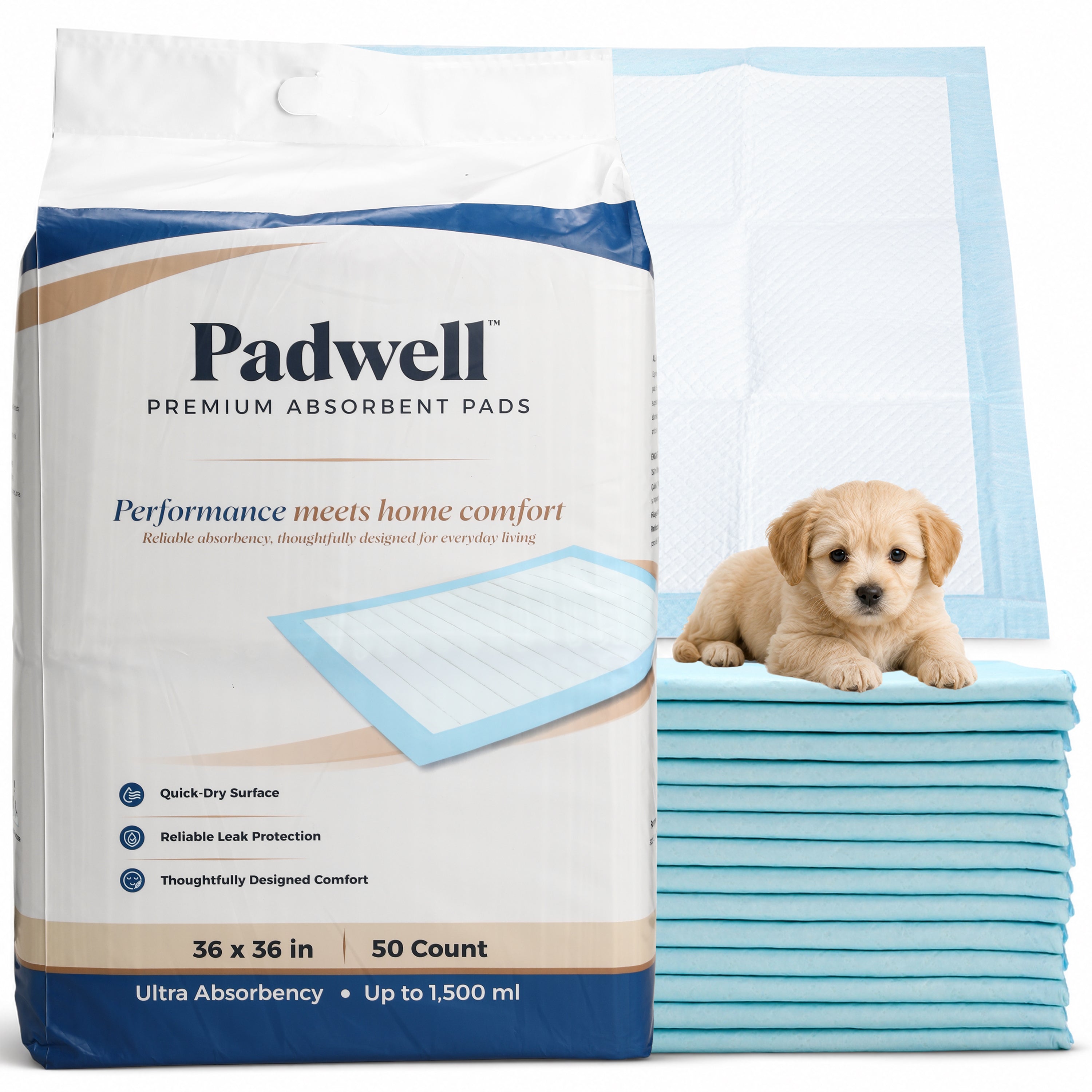 Padwell Absorbent Pads for Bed and Floor Protection, 36 x 36 Inches, 50 Count - VMInnovations