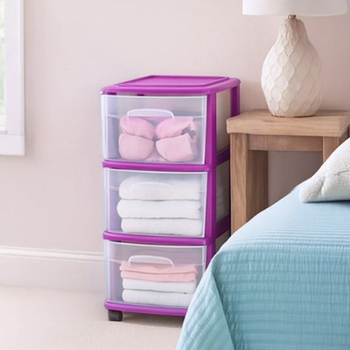 Homz Plastic 3 Drawer Med Storage Tower, Clear Drawers/Purple Frame(Open Box)