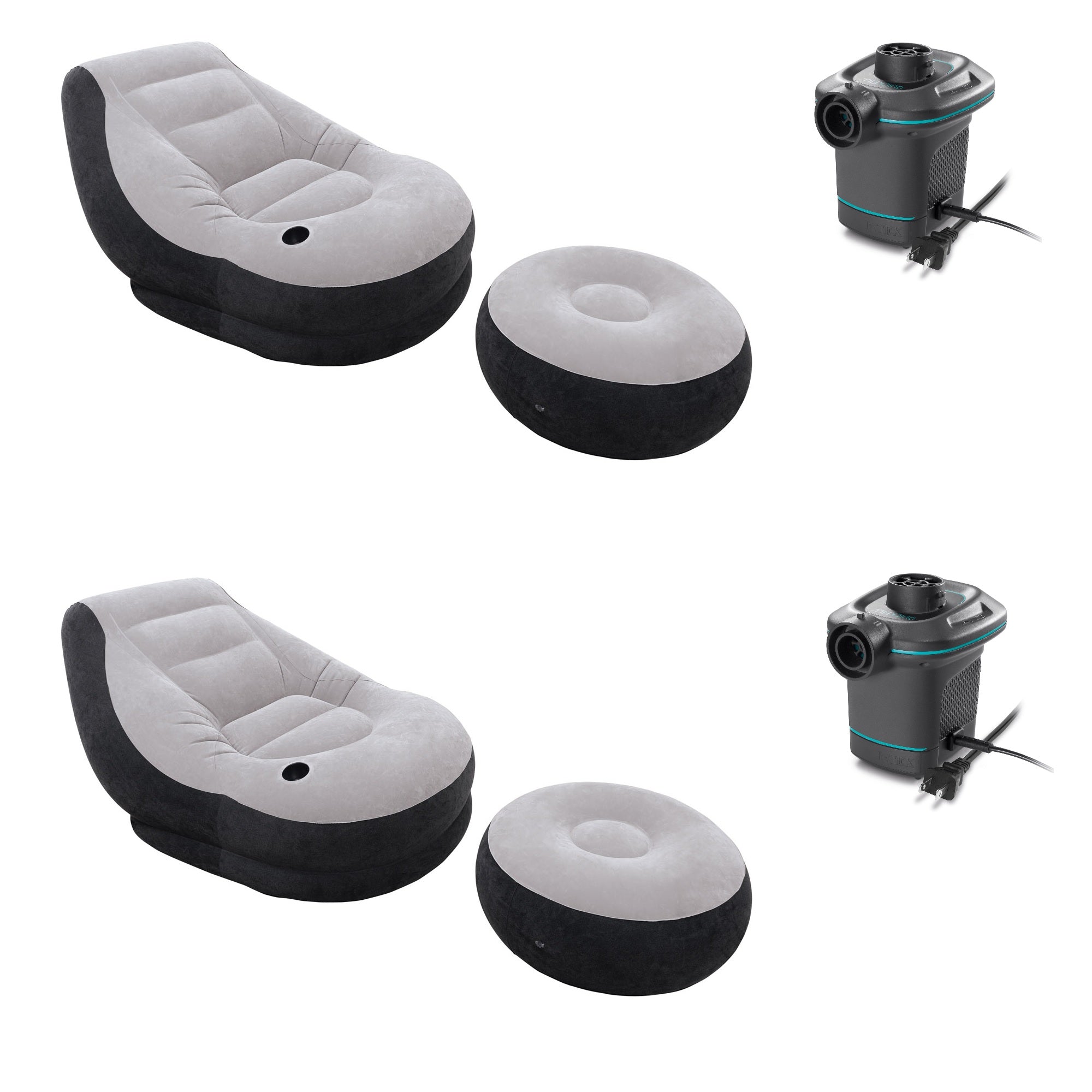 Intex Lounge Chair /w Cup Holder & Ottoman Set (2 Pack) 120V Air Pump (2 Pack)