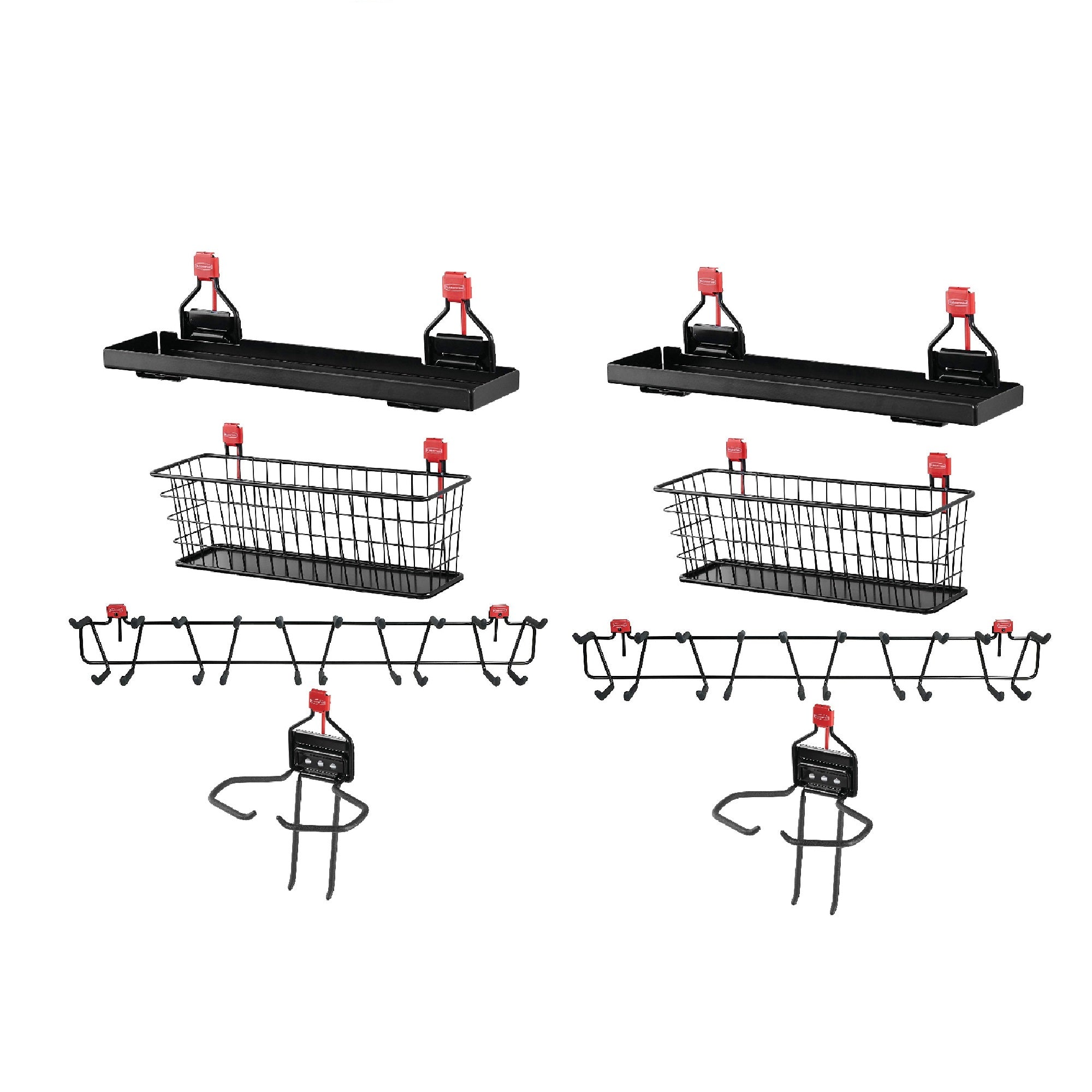 Rubbermaid Shed Shelf, Wire Basket, 34” Tool Rack, & Power Tool Holder (2 Each)