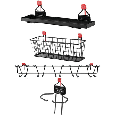 Rubbermaid Shed Shelf, Wire Basket, 34” Tool & Sports Rack, & Power Tool Holder