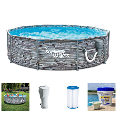 Summer Waves Active 12 Foot Stone Slate Print Metal Frame Above Ground Pool Set - VMInnovations