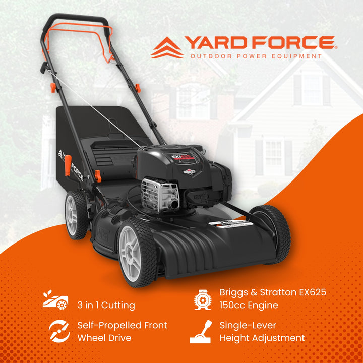 Yard Force Self Propelled FWD 3-in-1 Gas Push Lawn Mower with 22" Steel Deck