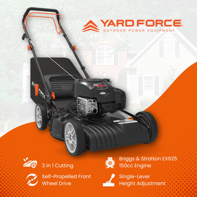 Yard Force Self Propelled FWD 3-in-1 Gas Push Lawn Mower with 22" Steel Deck