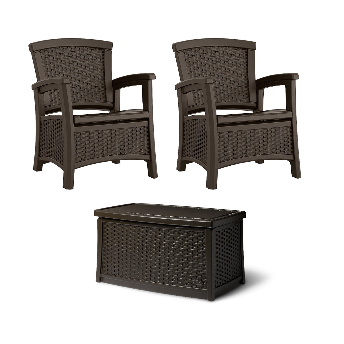 Suncast Resin Coffee Table w/Storage & Club Chair w/ Storage, Java (2 Pack)