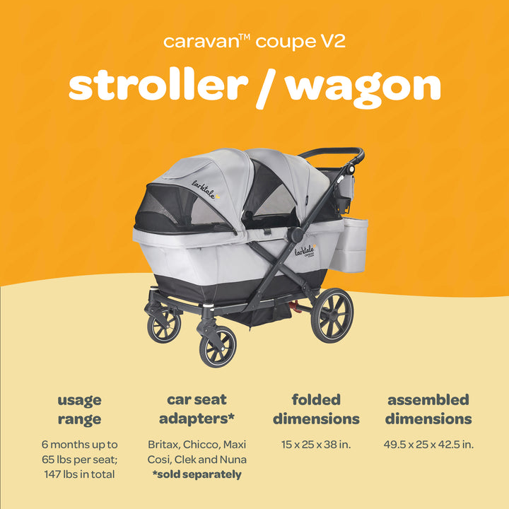 Larktale Caravan Coupe V2 Compact Stroller, Reclining 2-Seat Wagon, Gray/Black