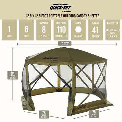 Clam Quickset Pavilion Camper  12 ½’ x 12 ½' 8 Person Pop Up Canopy (Open Box)