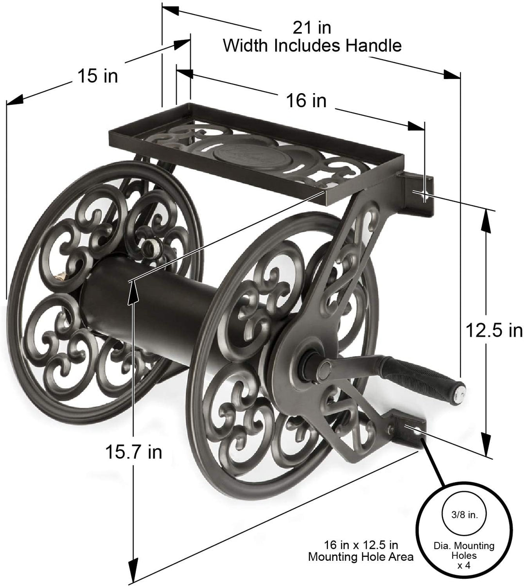 Liberty Garden Decorative Steel Wall Mounted 125' Hose Reel, Bronze (Open Box) - VMInnovations