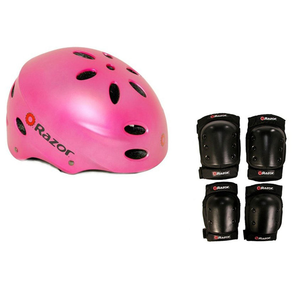 Razor V17 Youth Skateboard / Scooter Pink Sport Helmet w/ Pro Elbow & Knee Pads