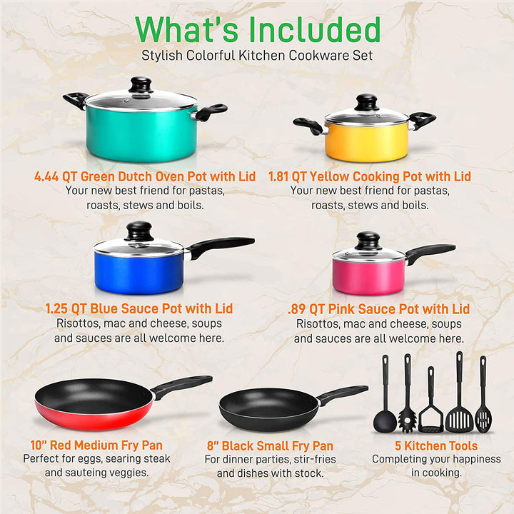Nutrichef 15 Piece Nonstick Pots Pans Utensils Cookware Set, Multicolor (Used) - VMInnovations