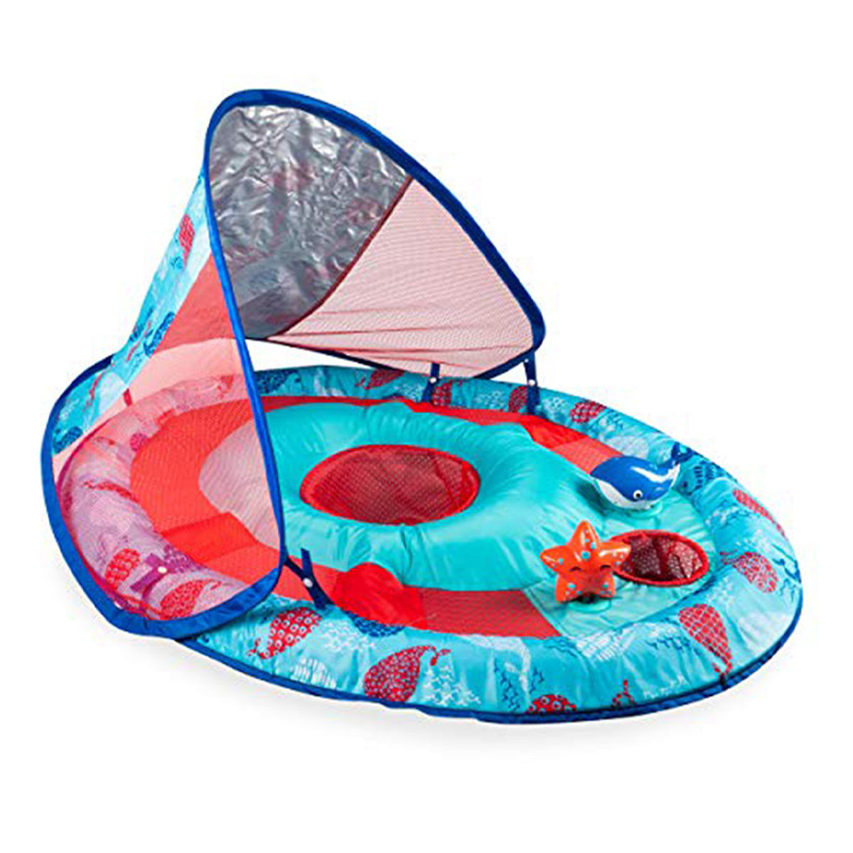SwimWays Baby Spring Inflatable Round Pool Float w/Protective Canopy, Blue Whale