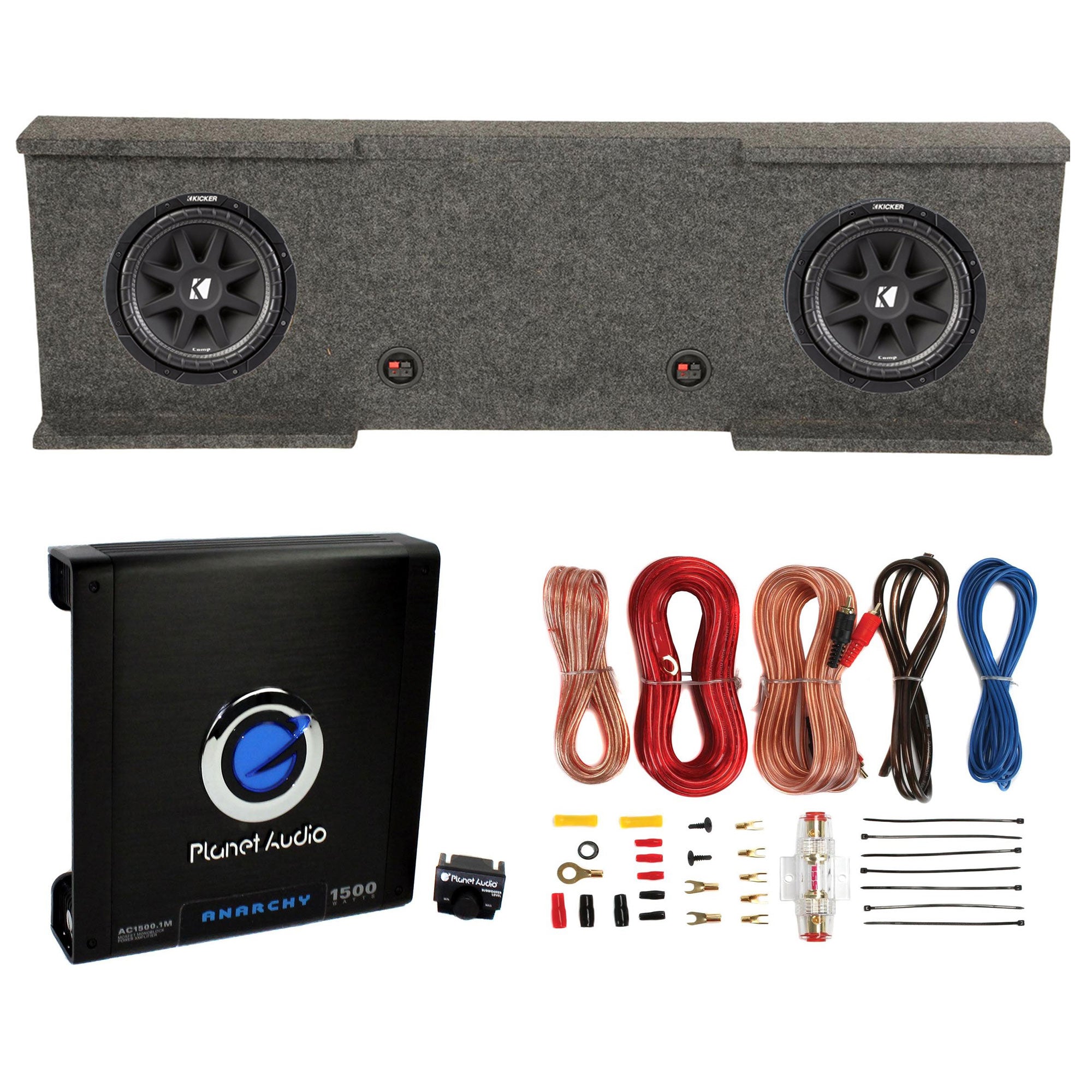 Kicker 12" 600W Subwoofers (2), GMC Dual Sub Box, Car Amplifier, and Wiring Kit