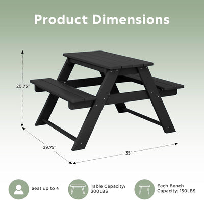 WestinTrends Malibu Indoor/Outdoor Patio HDPE Picnic Bench Table for Kids, Black