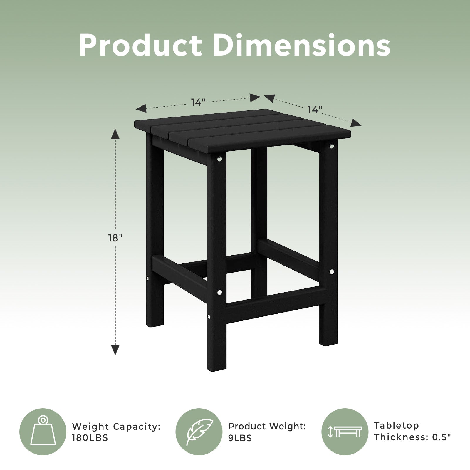 WestinTrends Malibu 14" Square Outdoor Side Table for Adirondack Chair, Black