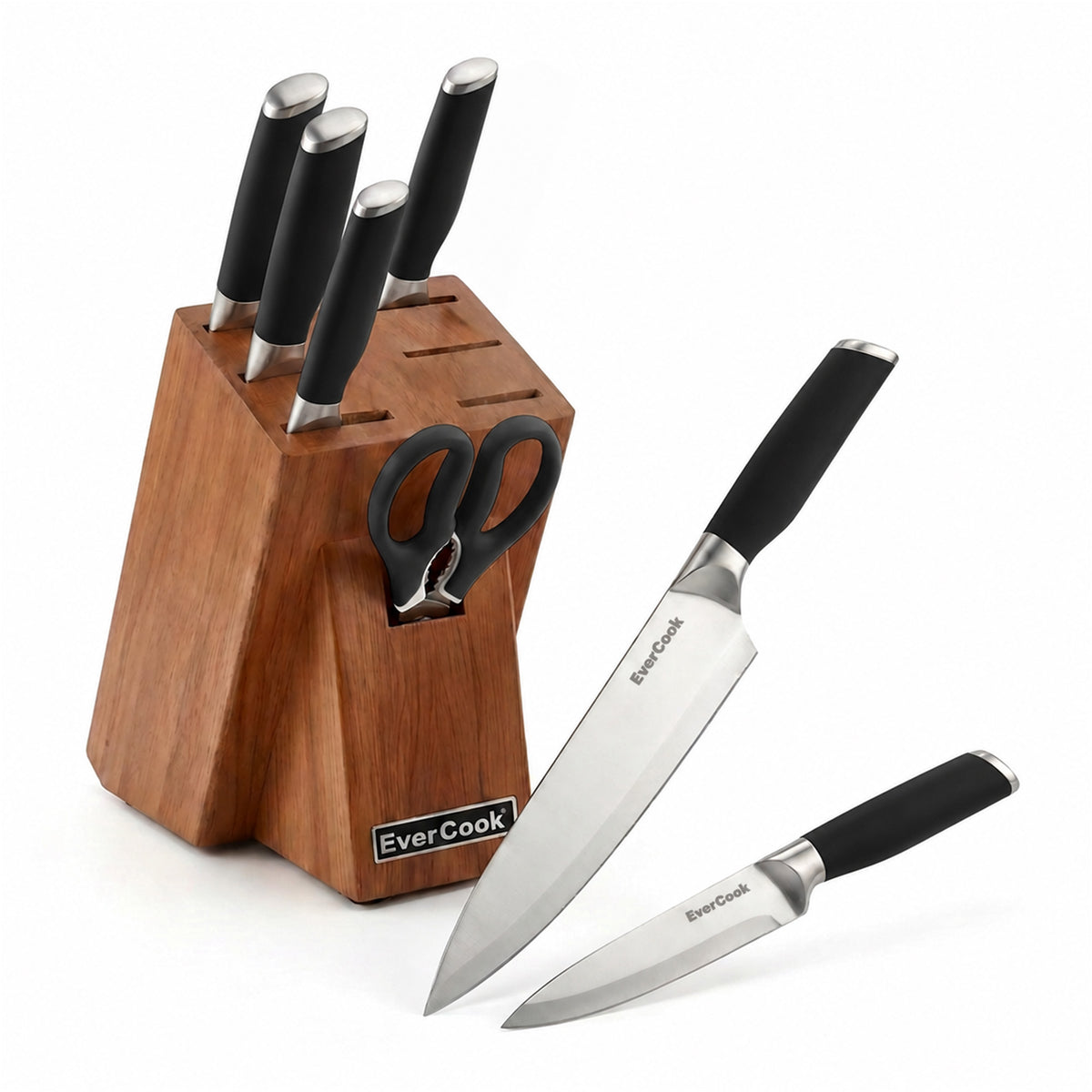 EverCook 8Pc Knife Block Set, Stainless Blade, Black Handle, Acacia Wood Block - VMInnovations