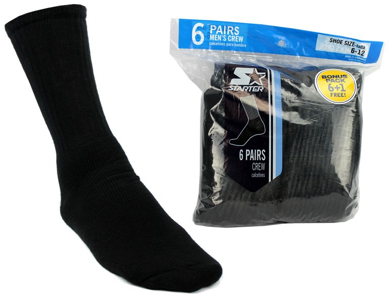 7 Pairs Starter SM861B7 Men's Crew Socks Shoe Solid Black -Size 6-12 - Open Bag