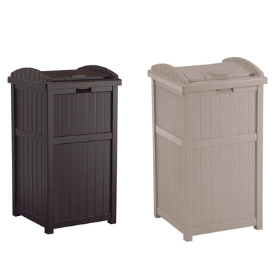 Suncast Trash Hideaway Outdoor Patio 33 Gallon Trash Can Bin, 1 Java and 1 Taupe