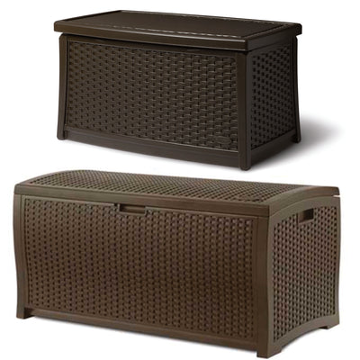Suncast Outdoor Resin Wicker Coffee Table, Java & 73 Gal Resin Deck Box, Mocha