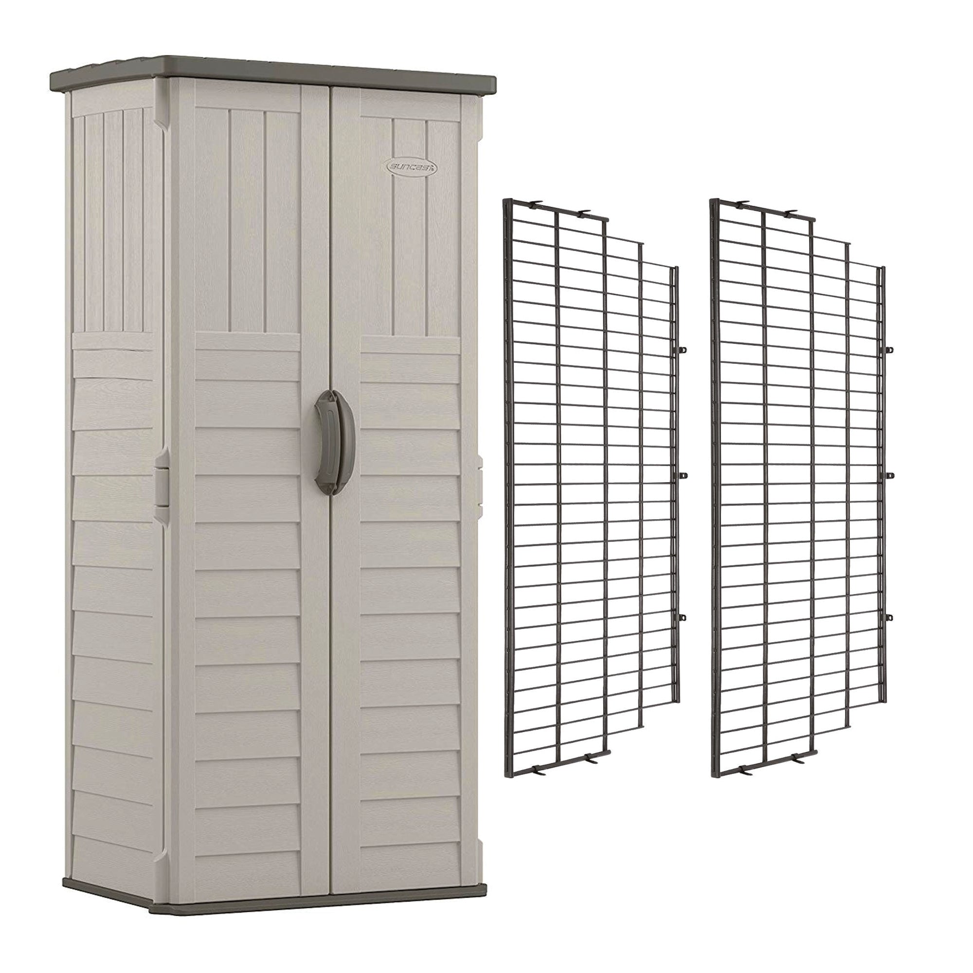 Suncast Vertical Storage Shed Bundled w/ Metal Wire Shelf Rack Shelving (2 Pack)