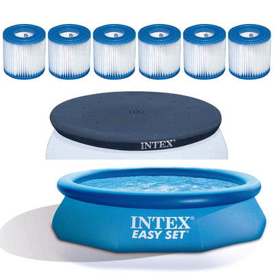 Intex Filter Cartridge (6 Pack) w/ Vinyl Round Cover & Inflatable Swimming Pool - VMInnovations