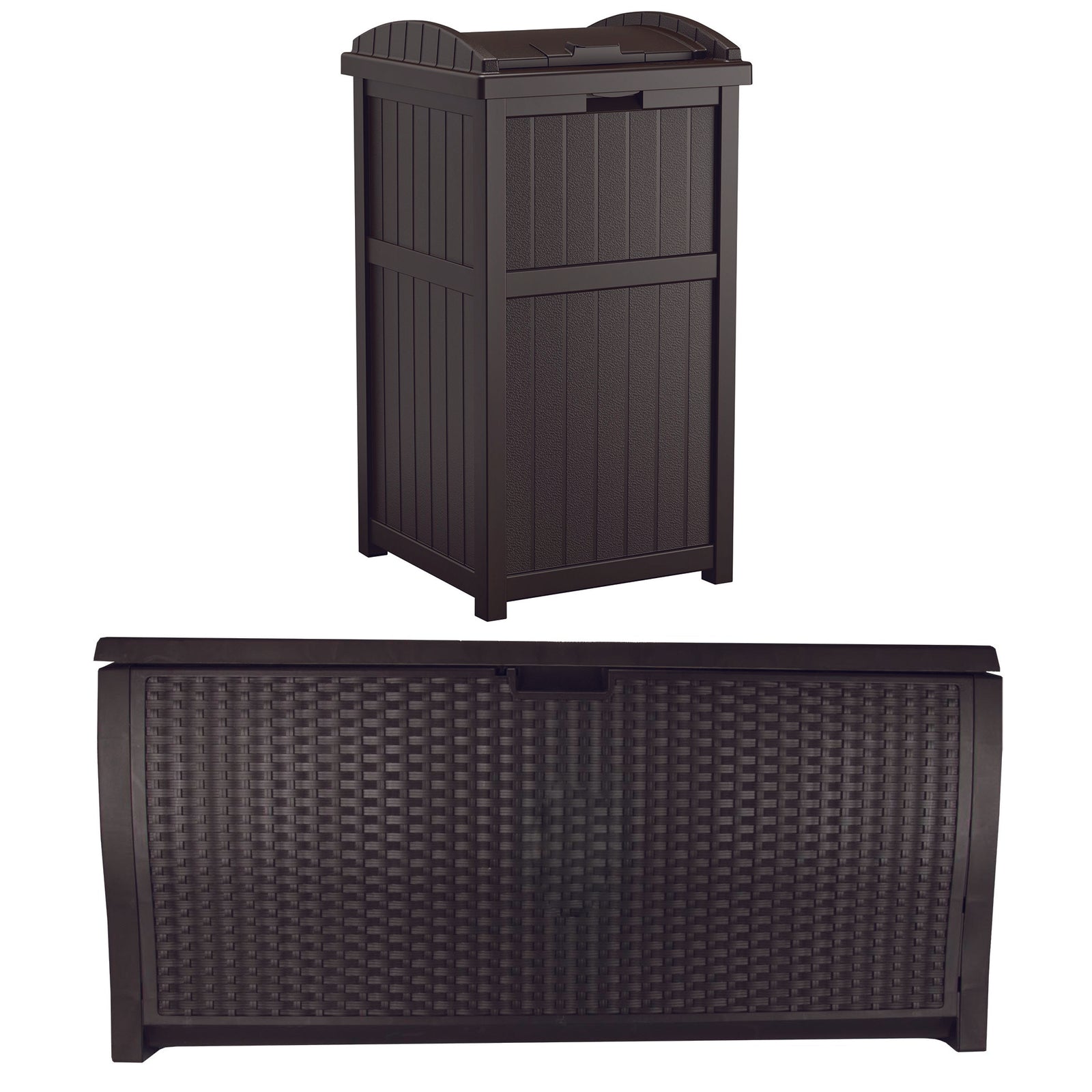 Suncast Trash Hideaway Outdoor Garbage Bin & 99 Gallon Deck Box w/ Seat, Java - VMInnovations