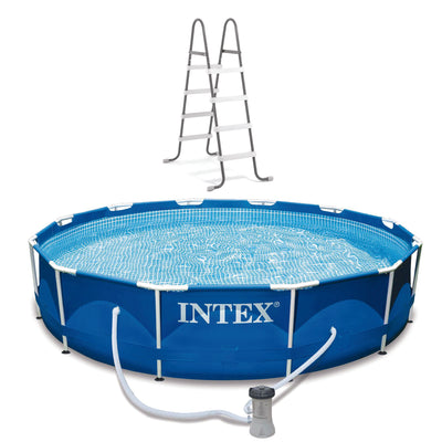 Intex 12' x 30" Metal Frame Round Above Ground Pool & Steel Frame Pool Ladder