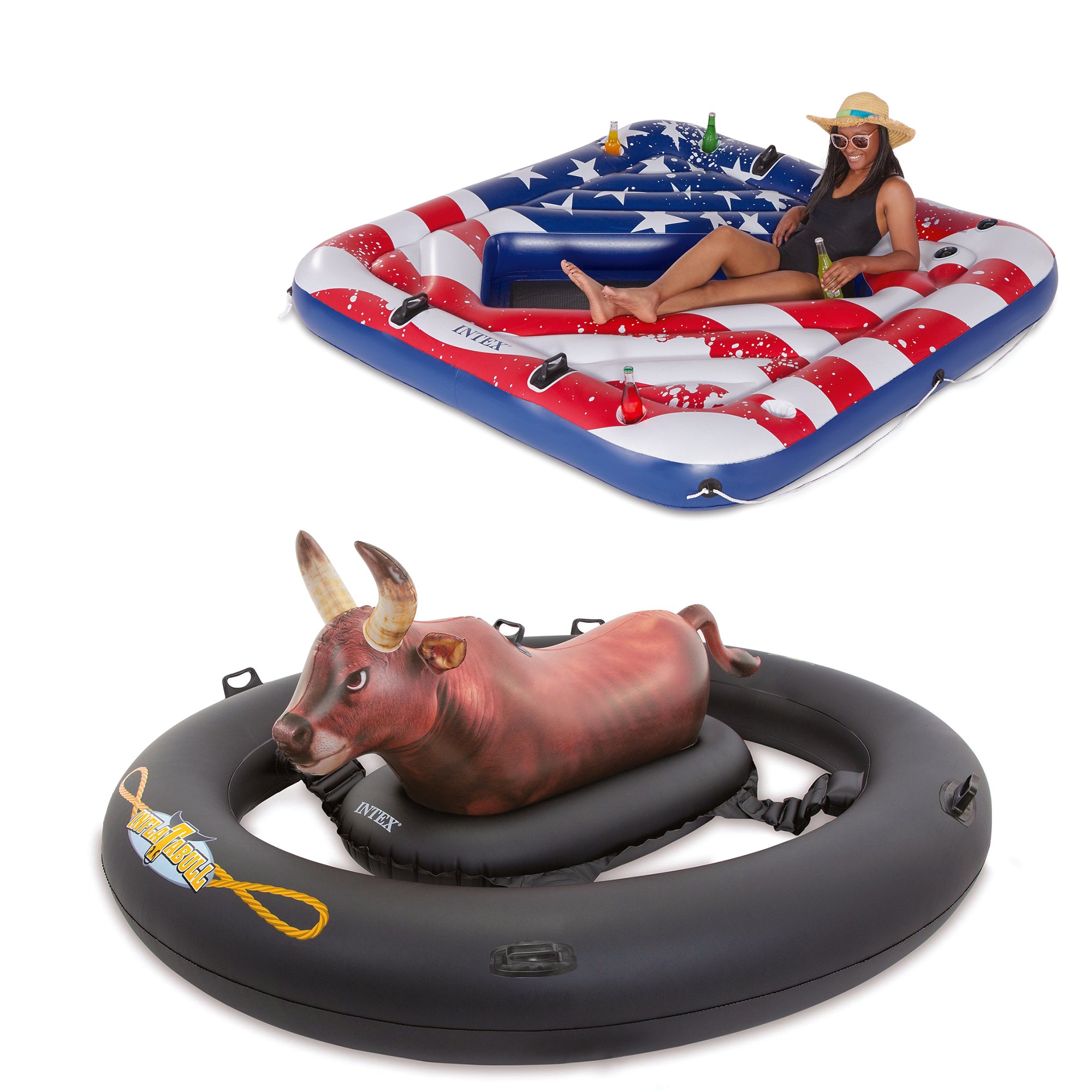 Intex American Flag 2 Person Party Island Bull-Riding Swimming Pool Lake Float - VMInnovations