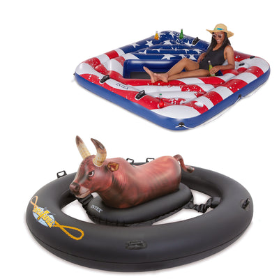 Intex American Flag 2 Person Party Island Bull-Riding Swimming Pool Lake Float - VMInnovations