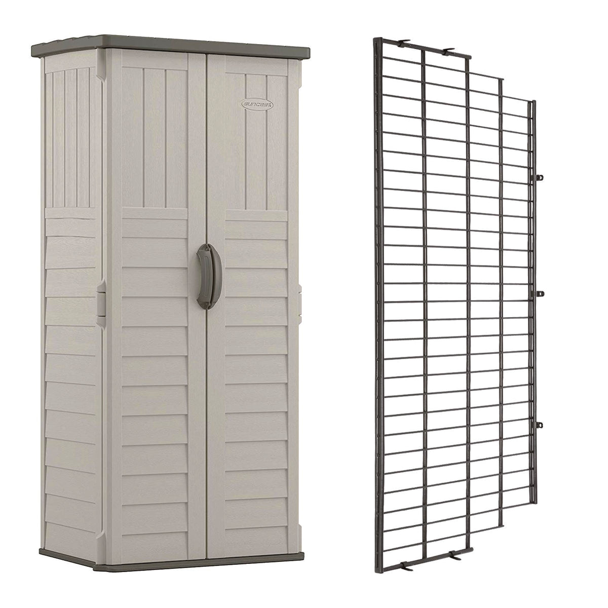 Suncast Vertical Storage Shed Building Bundled w/ Metal Wire Shelf Rack Shelving
