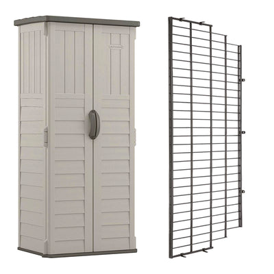 Suncast Vertical Storage Shed Building Bundled w/ Metal Wire Shelf Rack Shelving