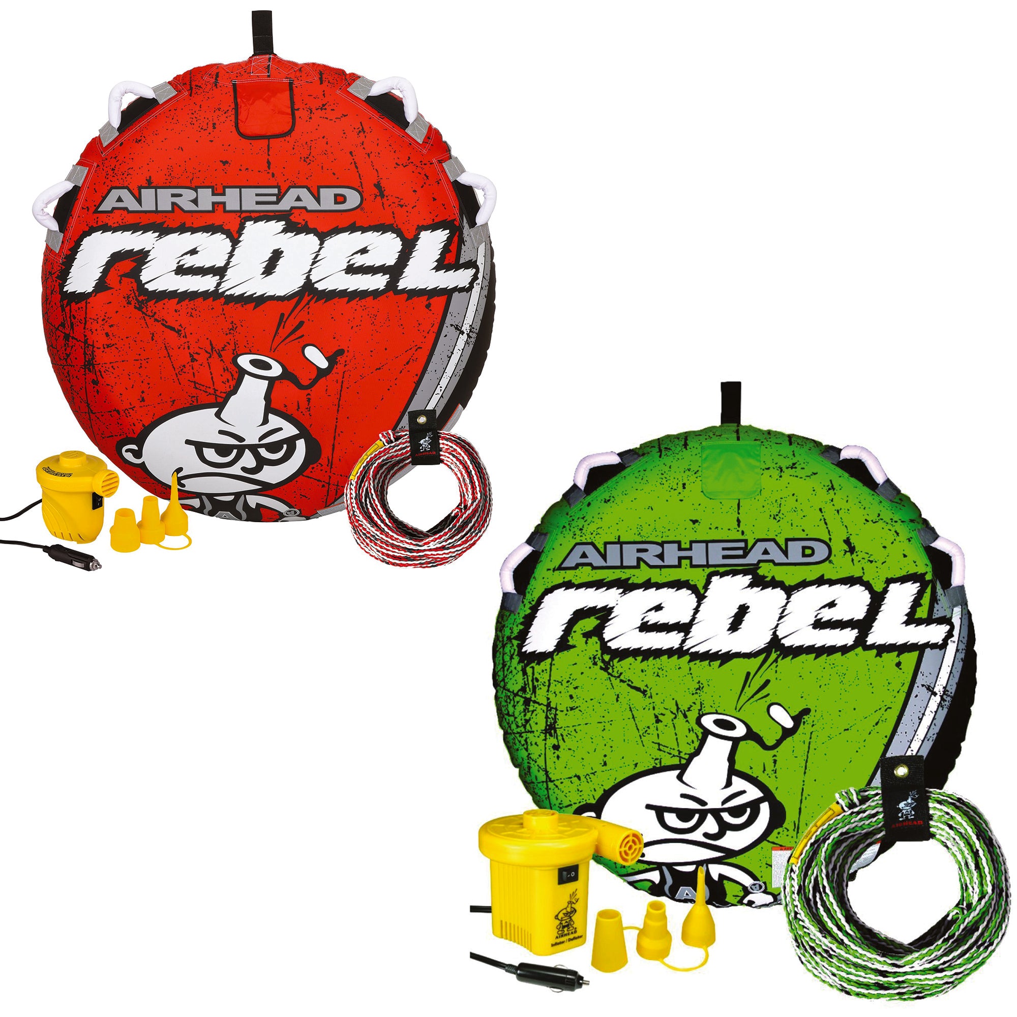 Durable Red Towable Tube Kit & Pump Bundled w/ AIRHEAD Rebel Tube Rope Pump Kit