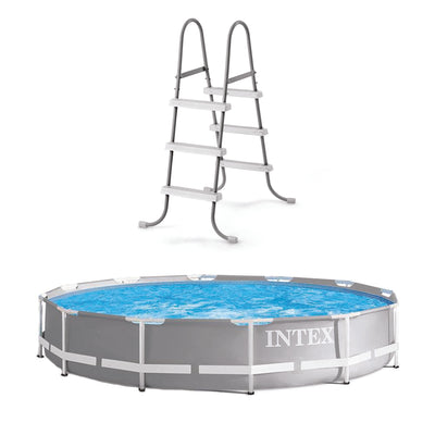 Intex 12 Ft x 30 In Steel Frame Pool w/ Intex Pool Ladder for 42-Inch Wall Pools