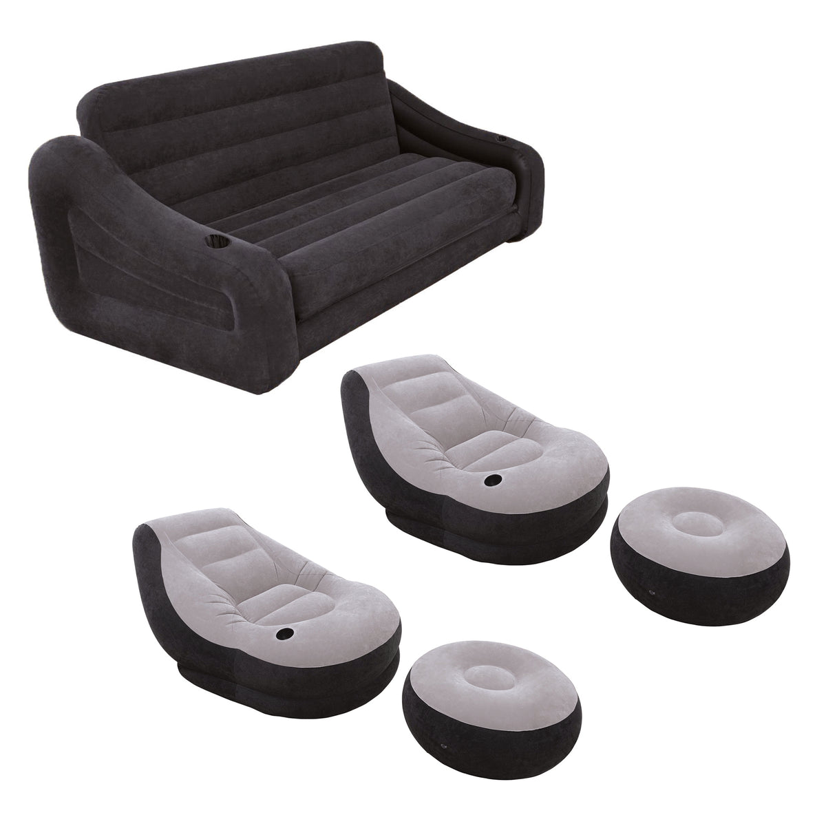 Intex Queen Size Pull Out Futon Couch & Lounge Chair w/ Ottoman(2 Pack)