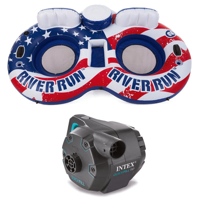 Intex American Flag 2 Person Pool Tube Float with Cooler Bundled with Air Pump - VMInnovations