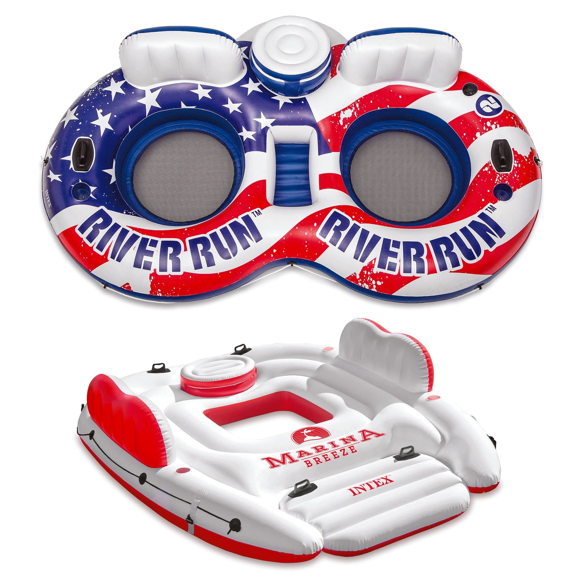 Intex American Flag Inflatable 2 Person Float w/ Cooler & Island Raft w/ Cooler