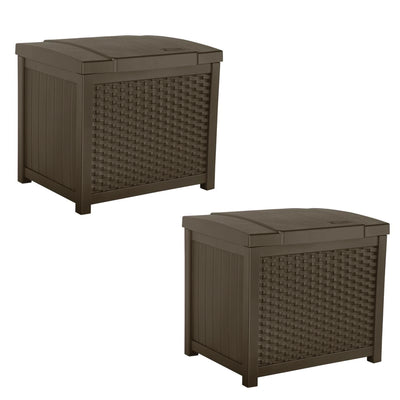 Suncast 22 Gallon Wicker Resin Outdoor Storage Deck Box & Seat, Java (2 Pack)