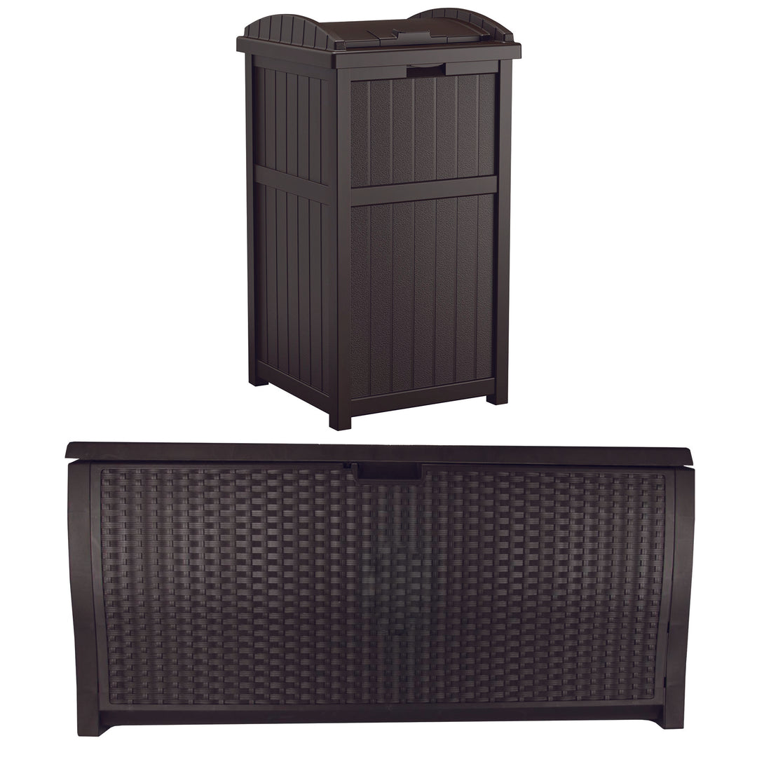 Suncast Trash Hideaway Outdoor Garbage Bin & 99 Gallon Deck Box w/ Seat, Java