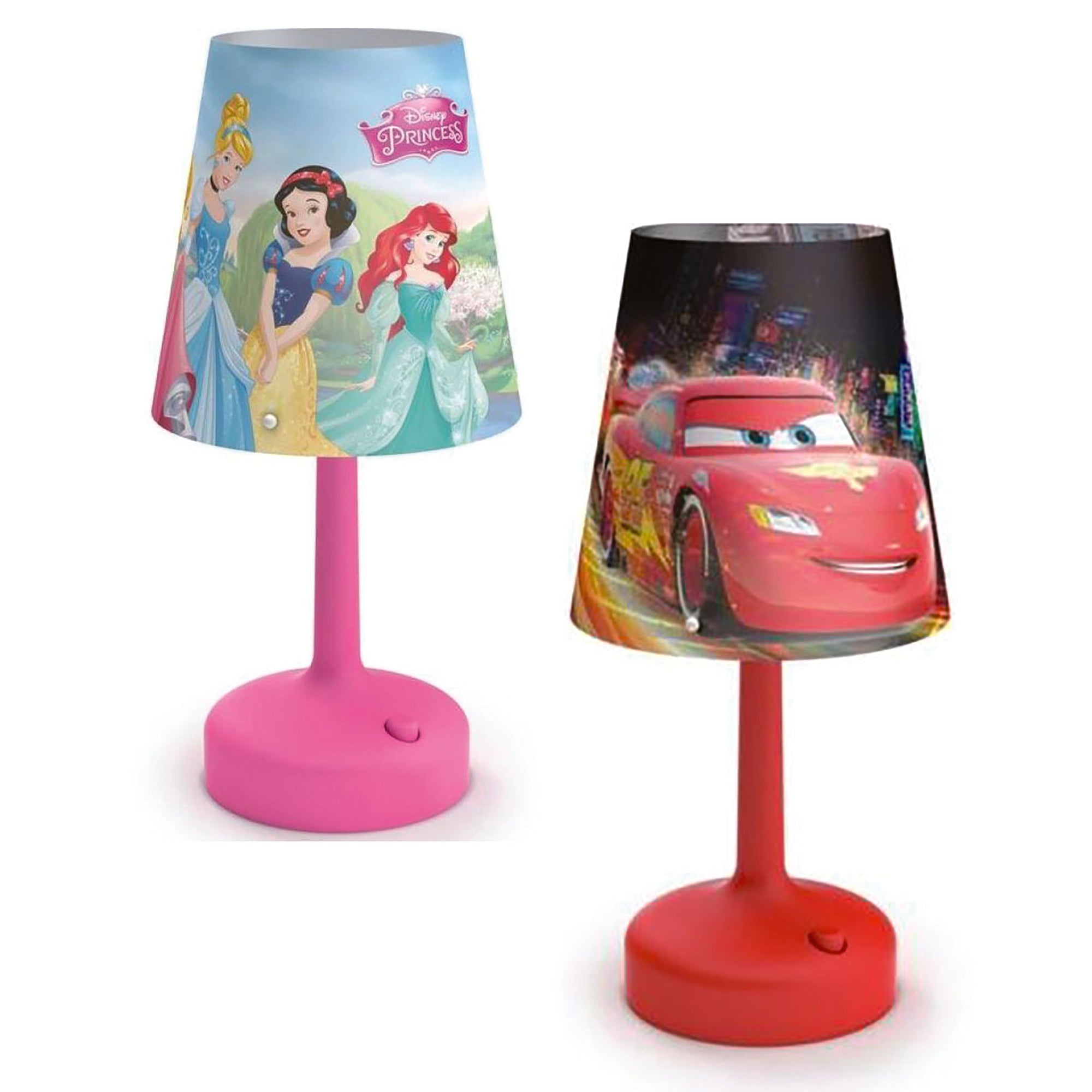 Disney Princess Table Lamp Bundled w/ Disney Cars Portable 10 Inch Kids Table Lamp