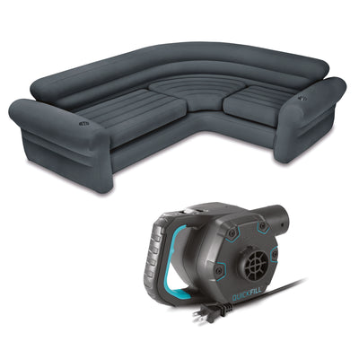 Intex Inflatable Indoor Corner Sectional w/ Cupholders  (2 Pack) & Air Bed Pump - VMInnovations