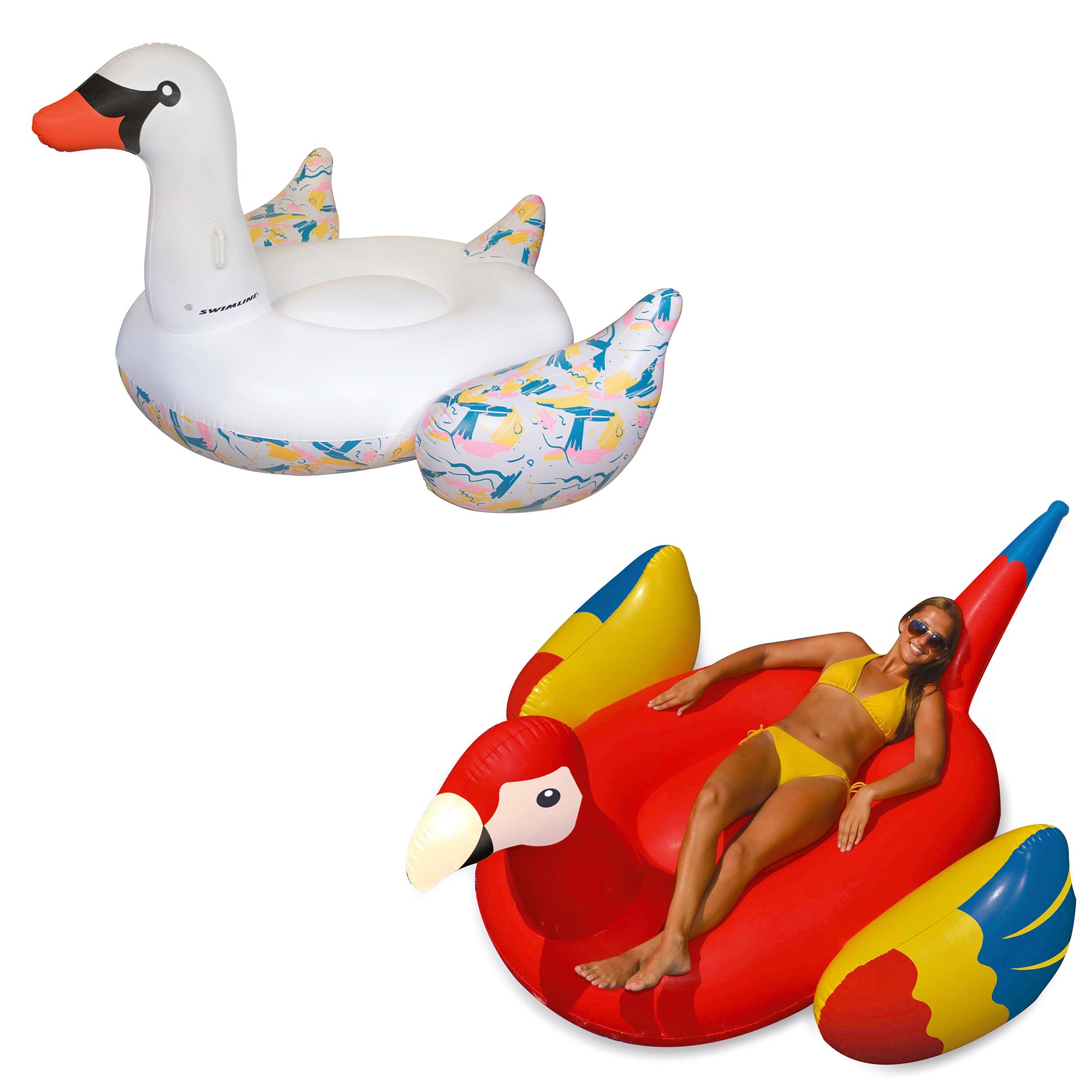 Giant Inflatable Swan Float Bundled w/ Giant Tropical Parrot Inflatable Float