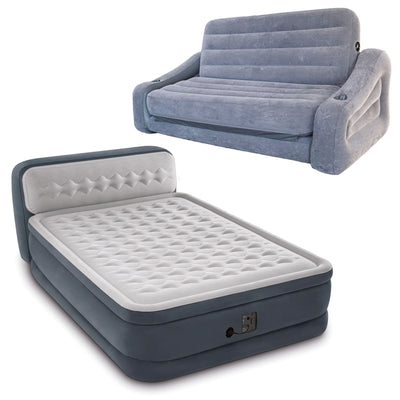Intex Deluxe Air Mattress, Queen & Intex Inflatable Pull Out Sofa Futon, Gray