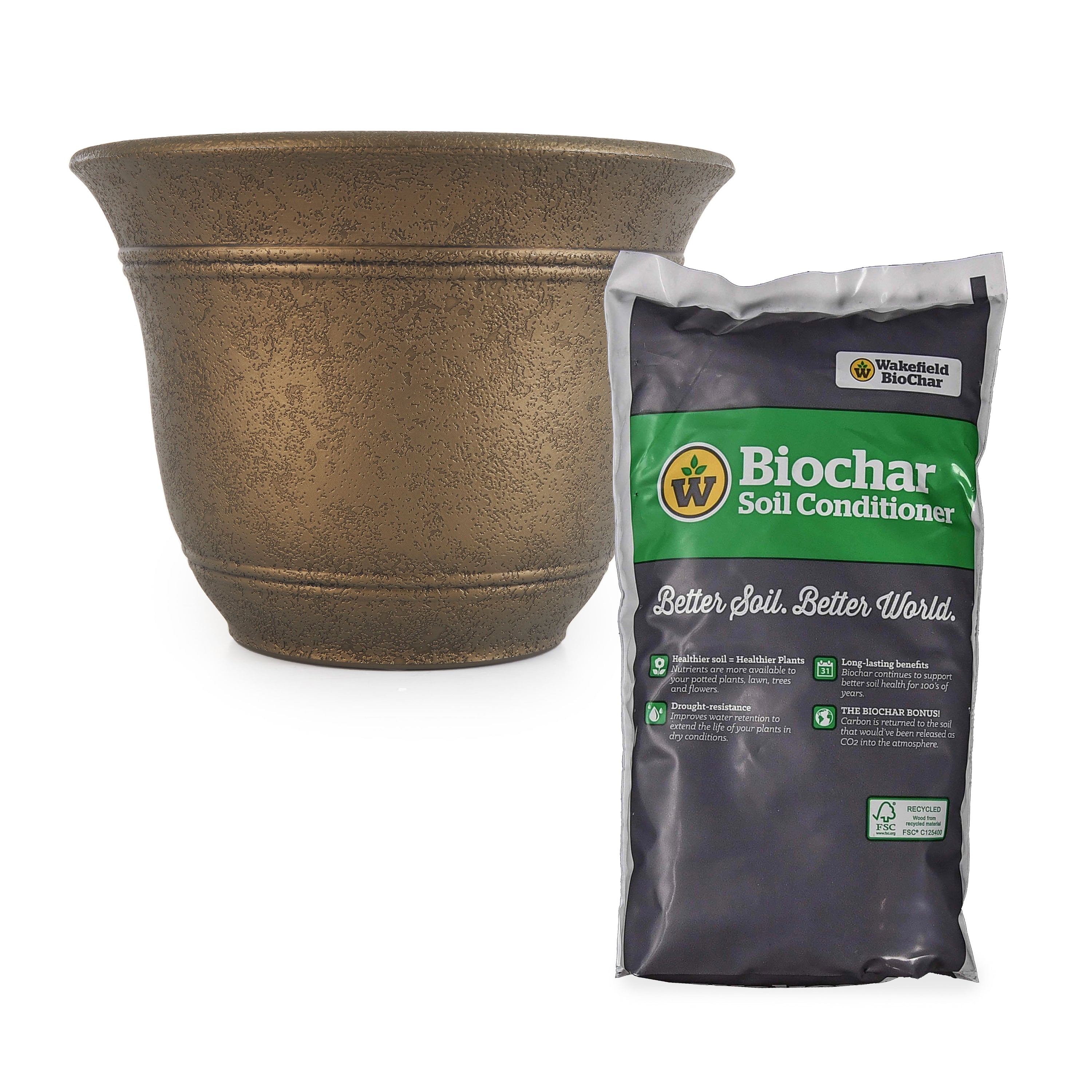 HC Companies Sierra Round Resin Garden Planter Pot w/ Wakefield Soil Conditioner - VMInnovations