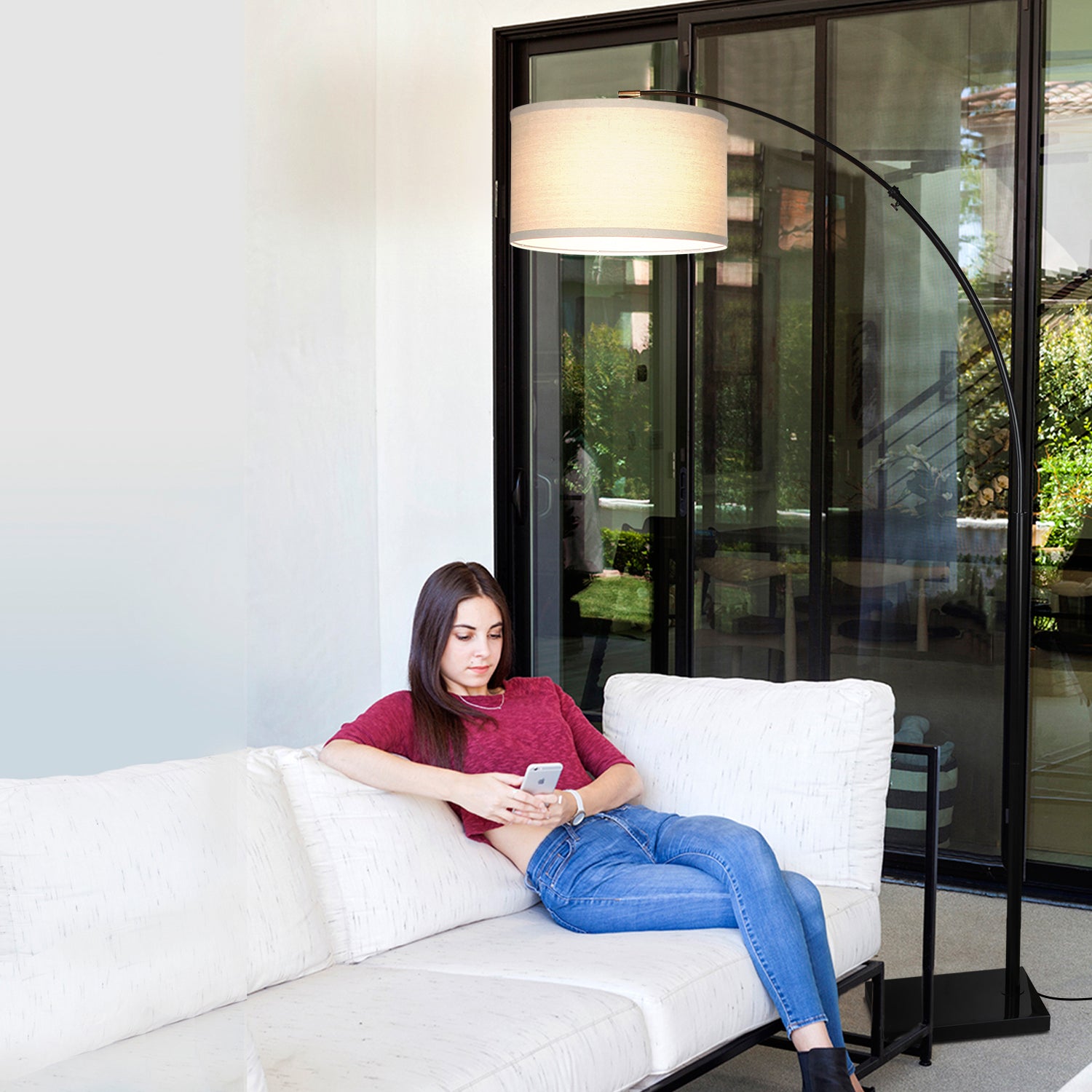 Brightech Logan Arc Standing Floor Lamp with LED Bulb Drum Shade, Black (Used)