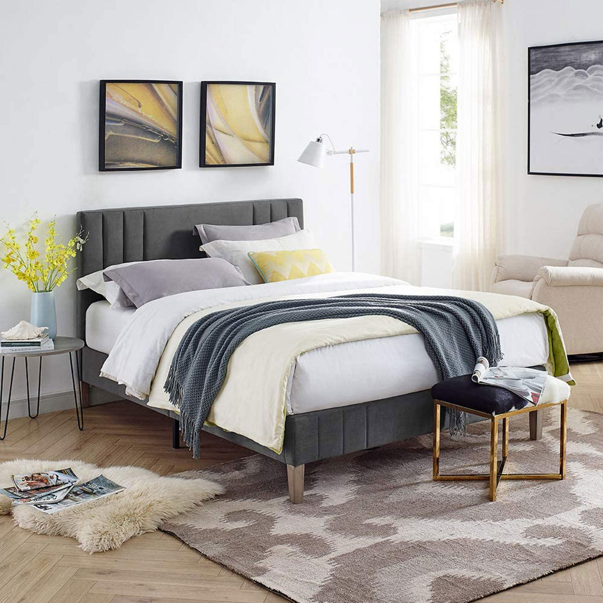 Classic Brands Chicago Tufted Upholstered Platform Bed Frame, Full, Dark Grey
