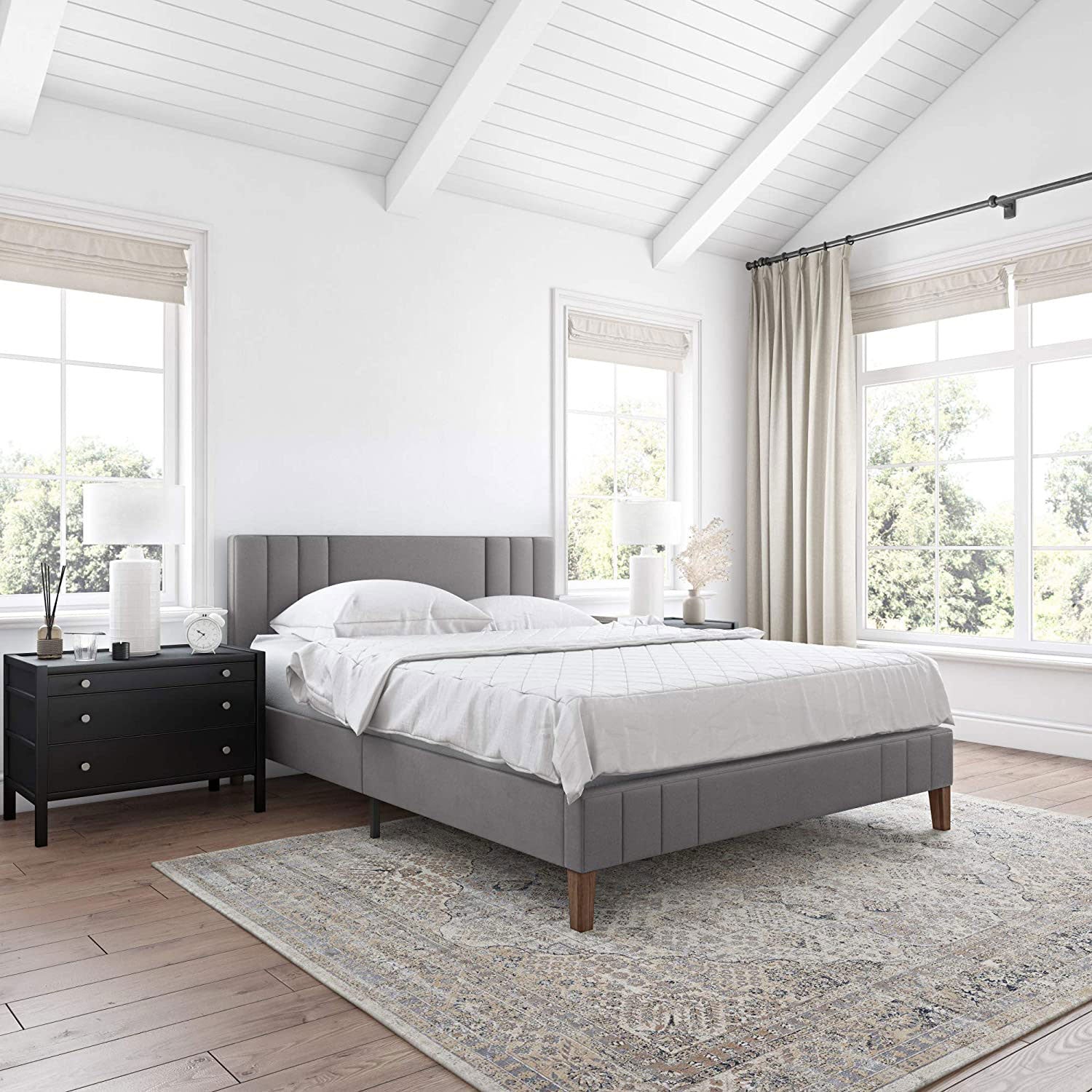 Classic Brands Chicago Tufted Upholstered Platform Bed Frame, Queen, Light Grey
