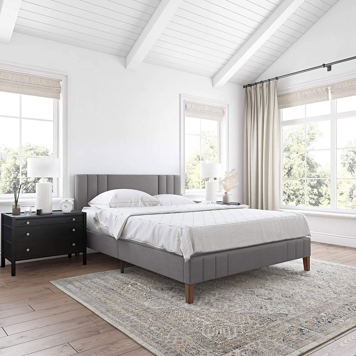 Classic Brands Chicago Tufted Upholstered Platform Bed Frame, Queen, Light Grey