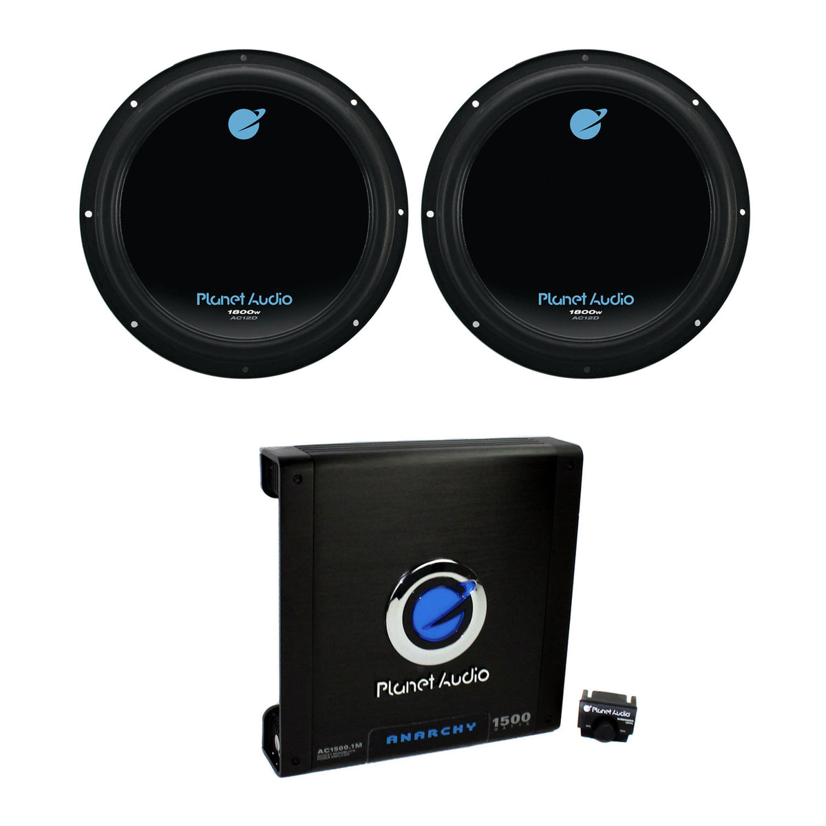 Planet Audio 12 Inch Subwoofer (2 Pack) & AC15001M Car Audio Amplifier w/ Remote